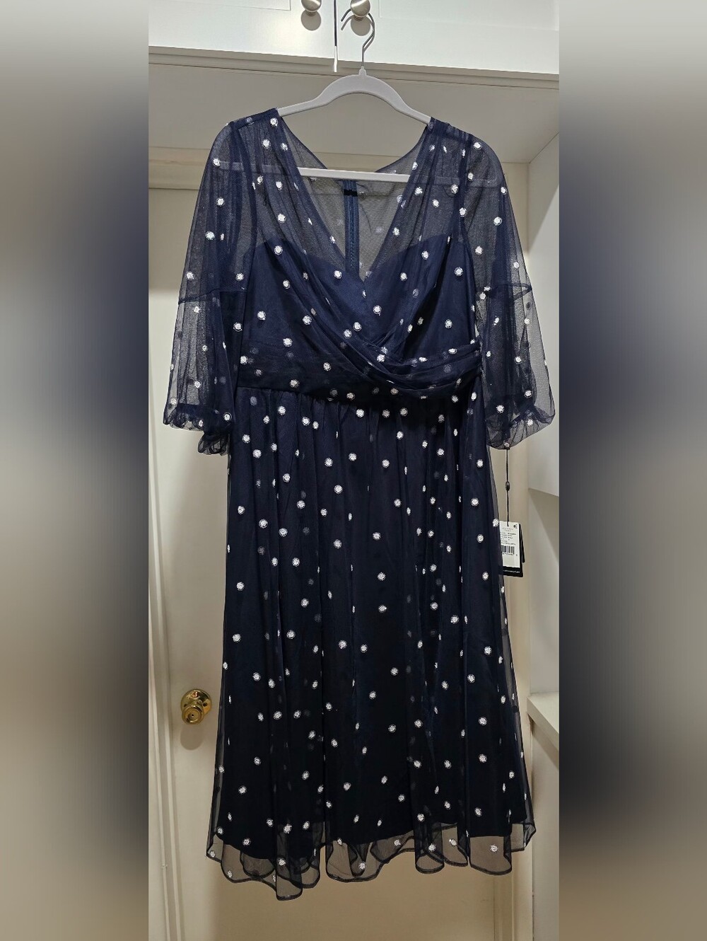 Navy With White/Glitter Polka Dots Mesh Midi Dress - Elegant Women's Party Dress - Picture 10 of 13